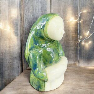 Vintage Hand Made Folk Art Figurine Woman Wearing Green Cloak Wrap Sculpture VTG